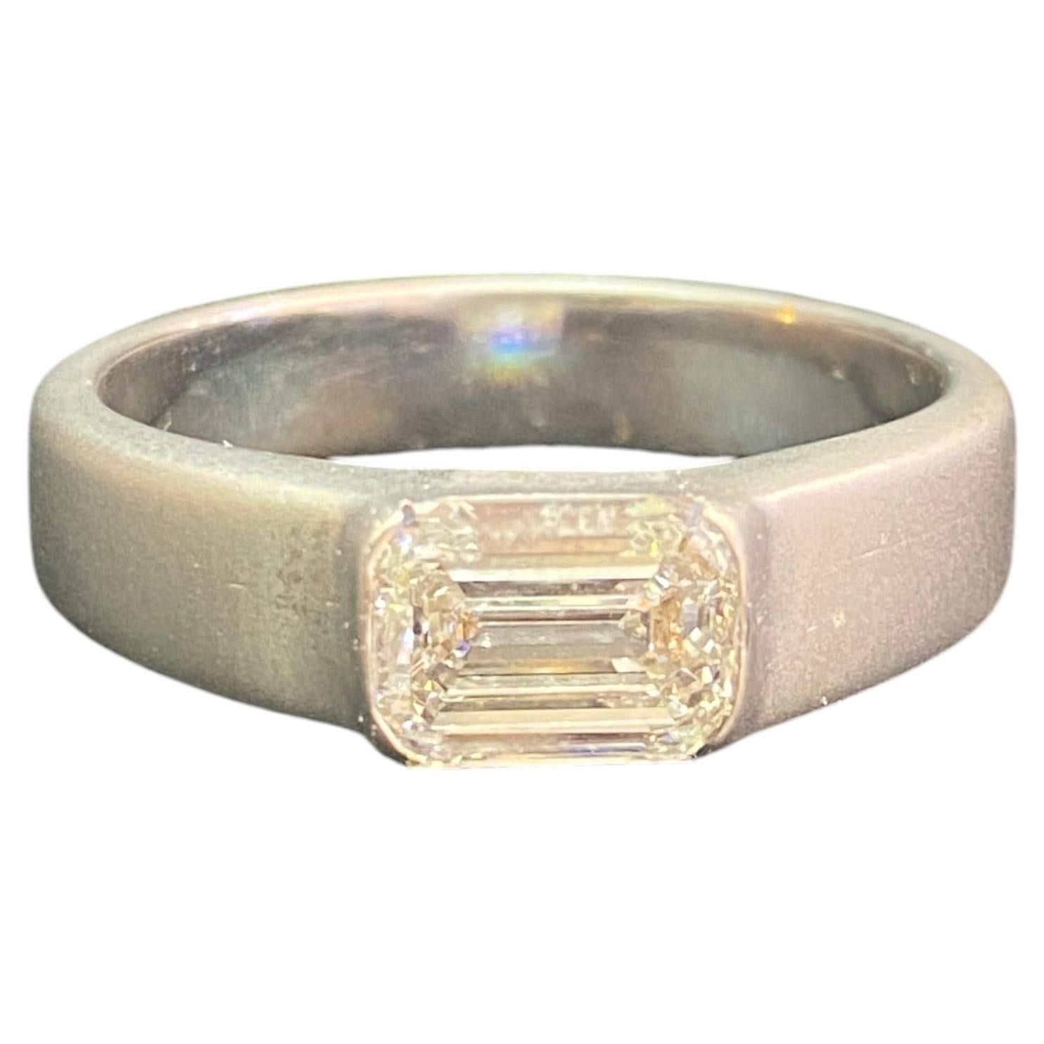GIA 1.50 Ct D Color VVS1 Emerald Cut Diamond Men’s East-West Ring 18K White Gold For Sale