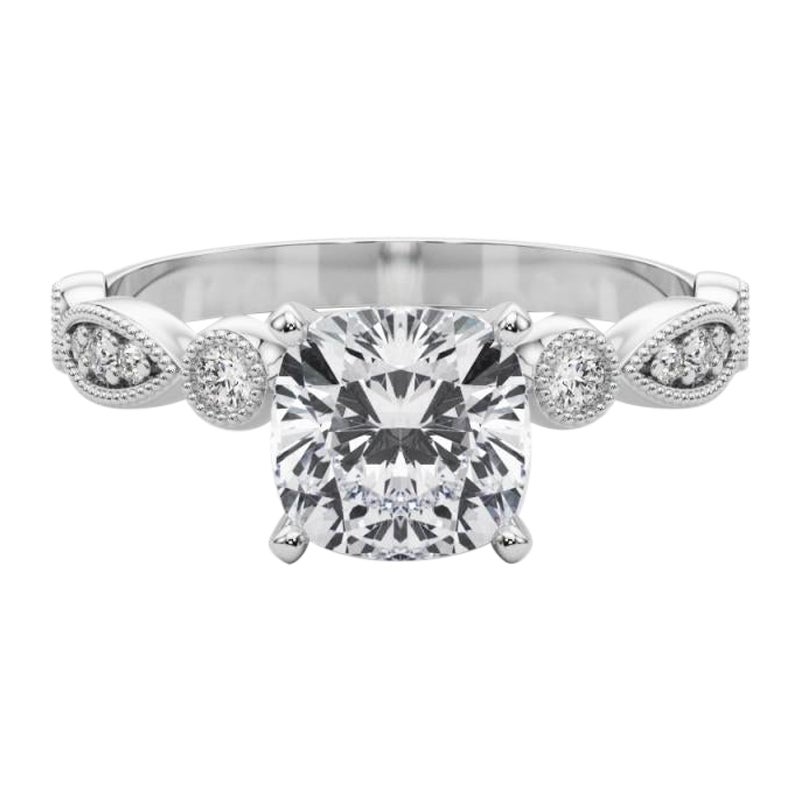 GIA 1.50ct Coussin Marquise & Round Milgrain Bezel Bague diamant en or blanc