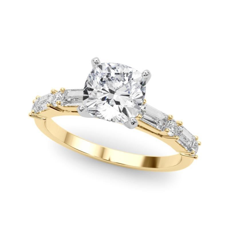 GIA Anillo de diamantes de oro amarillo de 18 quilates con banda de canal redonda y baguette de 1,50 quilates Corte cojín en venta