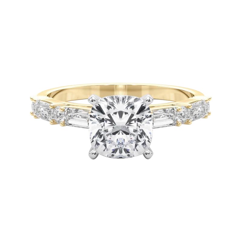 GIA 1.50ct Cushion Round & Baguette Channel Band 18K Yellow Gold Diamond Ring