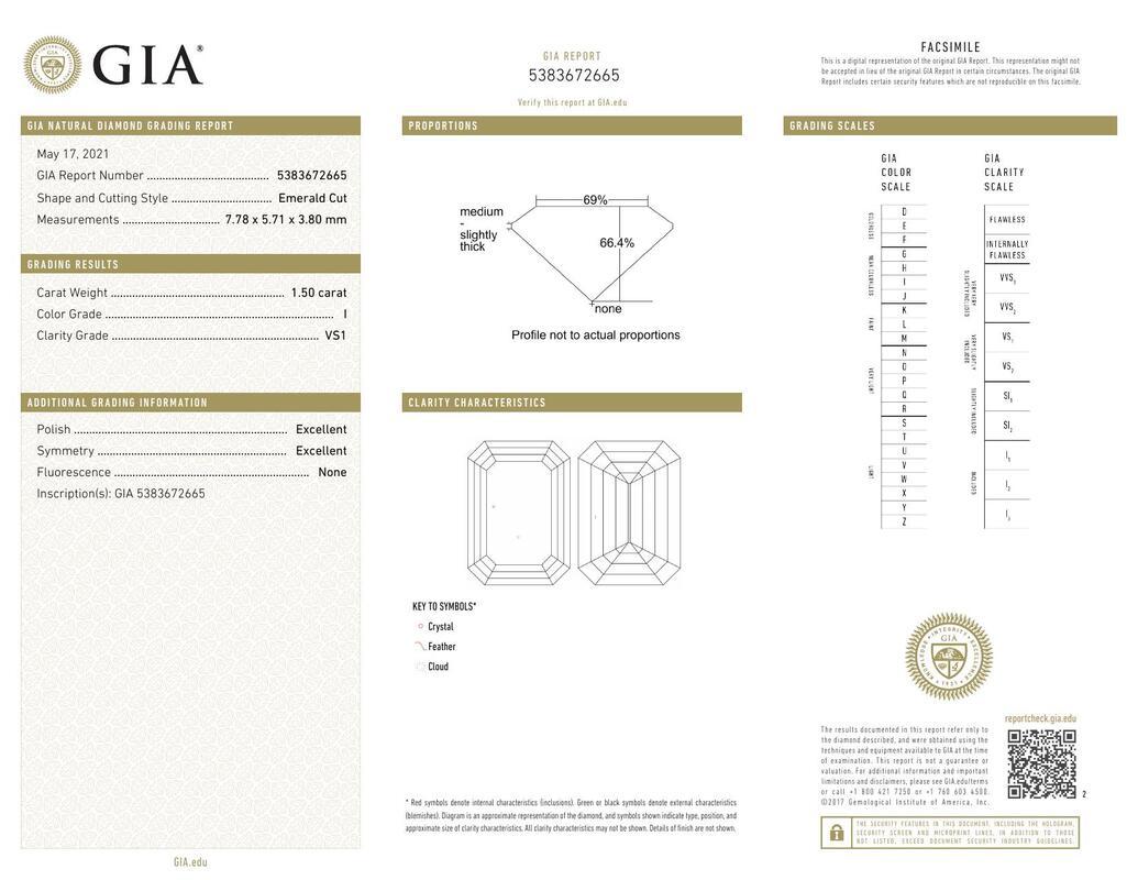 Contemporary GIA 1.50ct Emerald 3-Stone Past, Present & Future 18K White Gold Diamond Ring For Sale