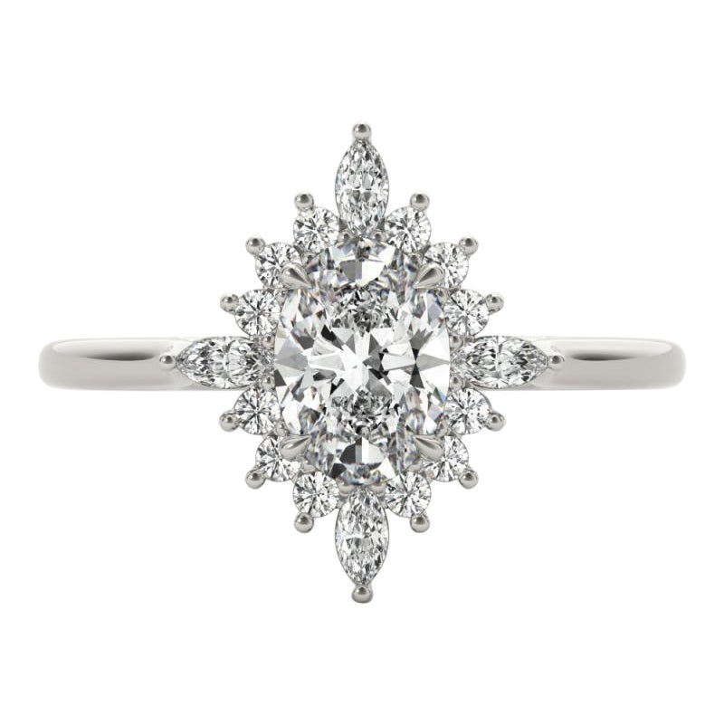 GIA 1.50ct Oval Marquise Flower Halo Cluster 18K White Gold Diamond Ring For Sale