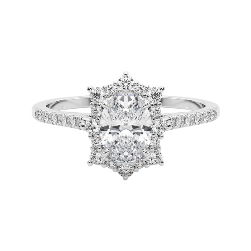 GIA Bague à diamant ovale de 1,50ct Vintage Cathedral Snowflake Halo