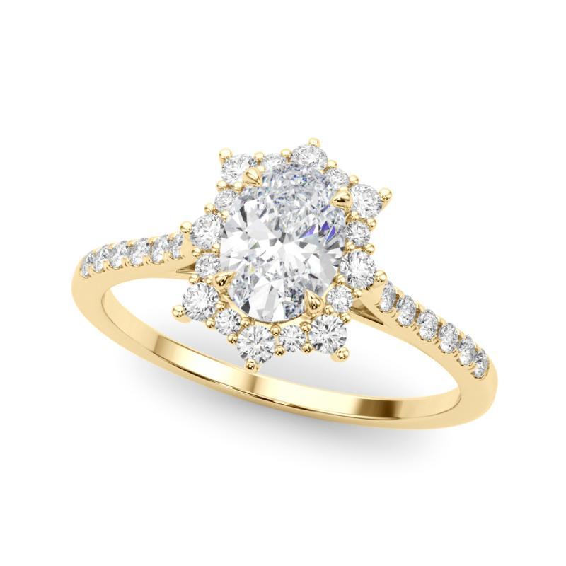 Taglio ovale GIA 1,50ct Anello ovale vintage con fiocco di neve e aureola in oro giallo in vendita