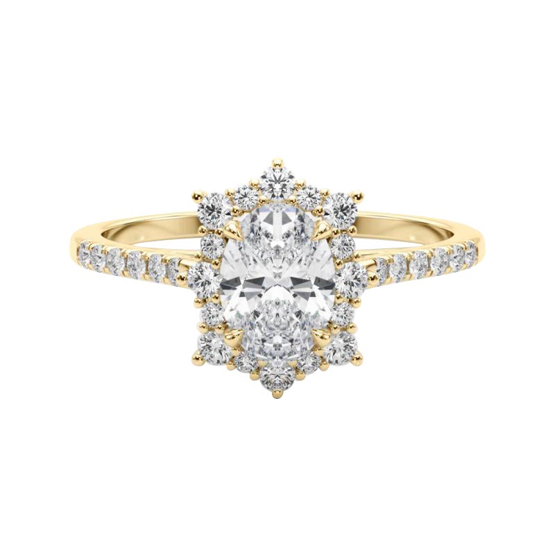 GIA 1.50ct Oval Vintage Cathedral Snowflake Halo Yellow Gold Diamond Ring