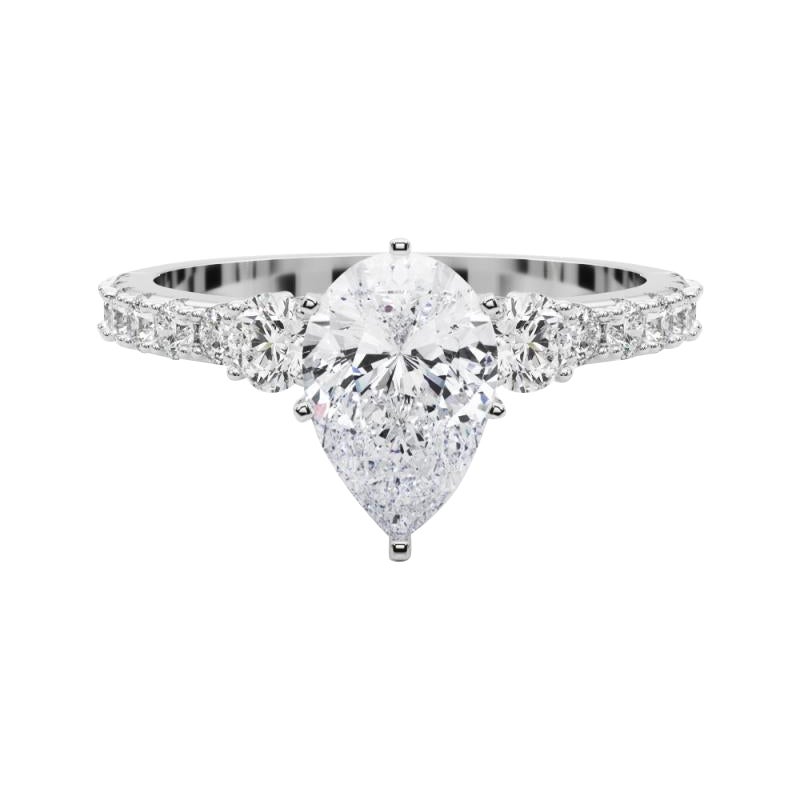 GIA Anillo de diamantes de oro blanco de 18 quilates con tres piedras de pera de 1,50 ct y vástago de diamante