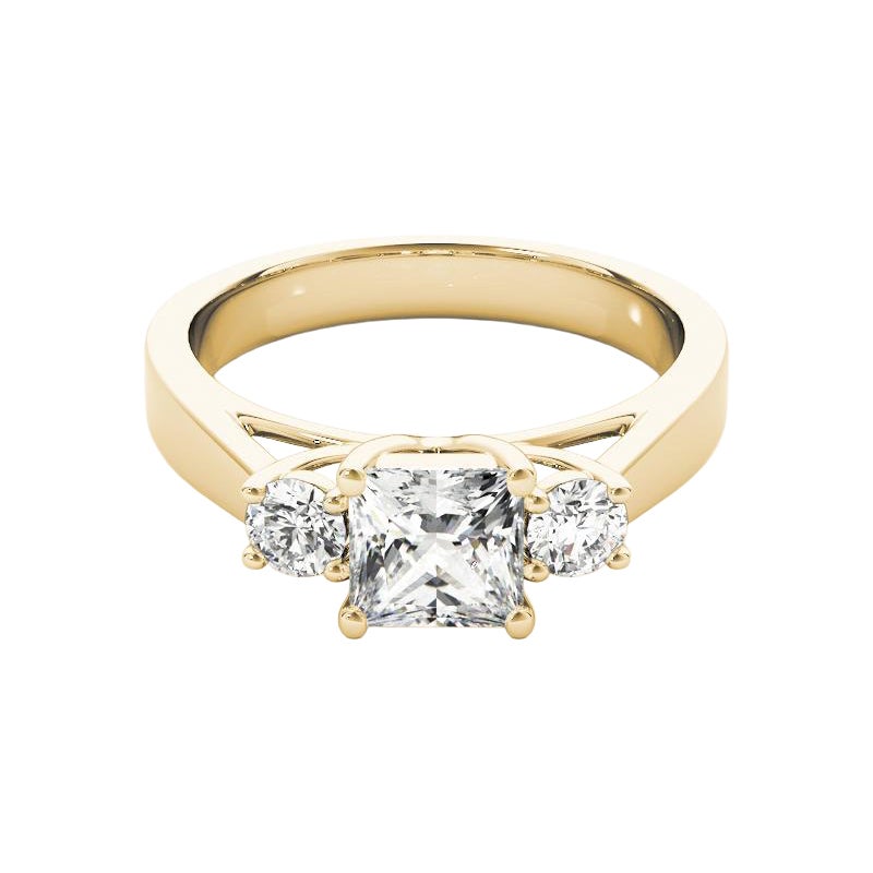 GIA Anillo de diamantes de oro amarillo de 18 quilates con 3 piedras princesa de 1,50 ct Pasado, presente y futuro