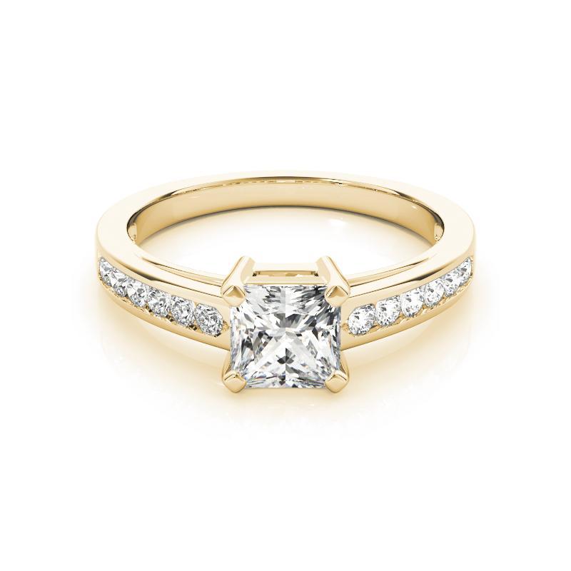 GIA 1,50ct Principessa a fila singola incastonata a canale Anello con diamanti in oro giallo Cathedral