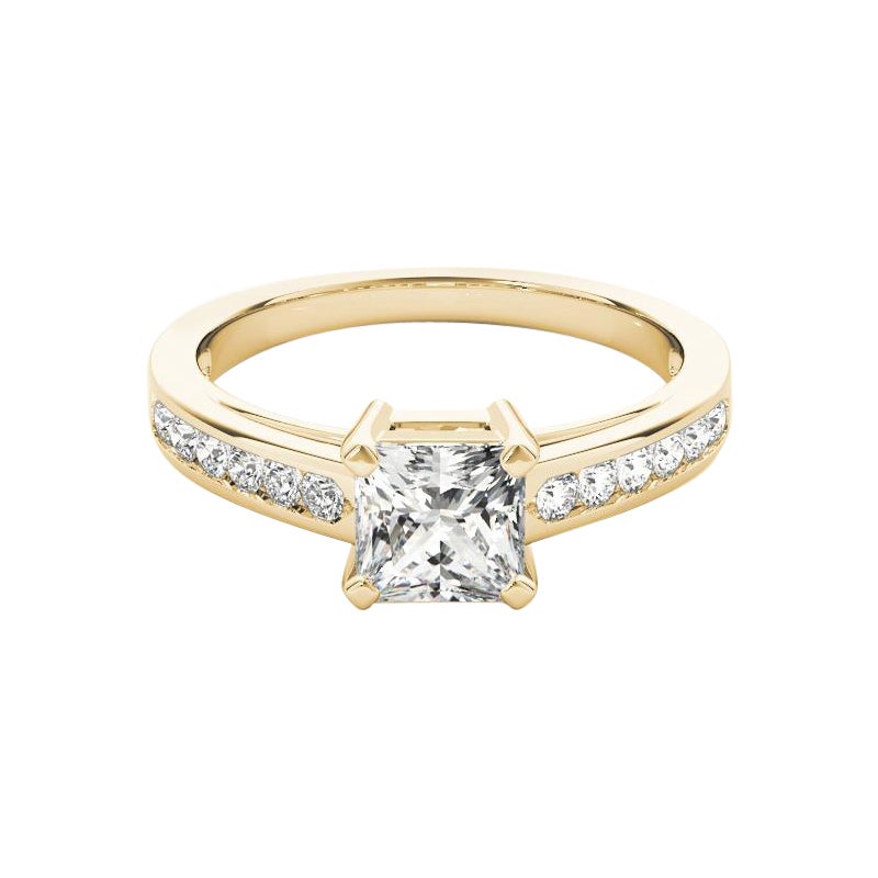 GIA 1,50 ct Anillo de diamantes en oro amarillo catedral de una hilera de talla princesa engastado en canal
