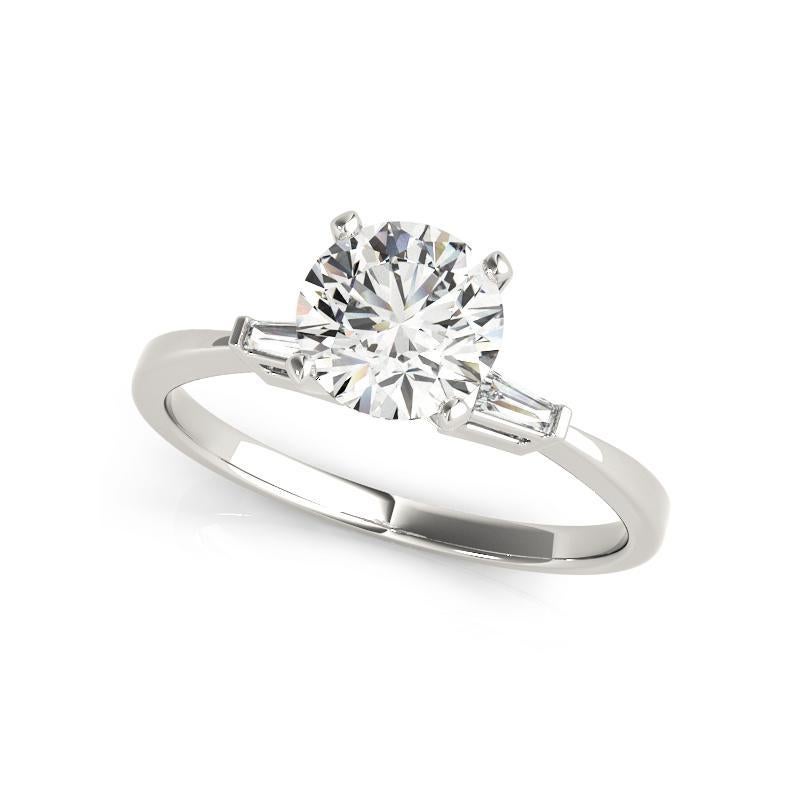 GIA Anillo de diamantes redondo de 3 piedras, solitario y baguette de 1,50 ct y oro blanco de 18 quilates
