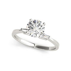 GIA Anillo de diamantes redondo de 3 piedras, solitario y baguette de 1,50 ct y oro blanco de 18 quilates