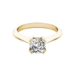 GIA 1.51 Carat Cushion Solitaire Tulip Cathedral 18K Yellow Gold Diamond Ring