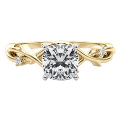 GIA 1.51 Carat Cushion Vine Band Nature Inspired 18K Yellow Gold Diamond Ring