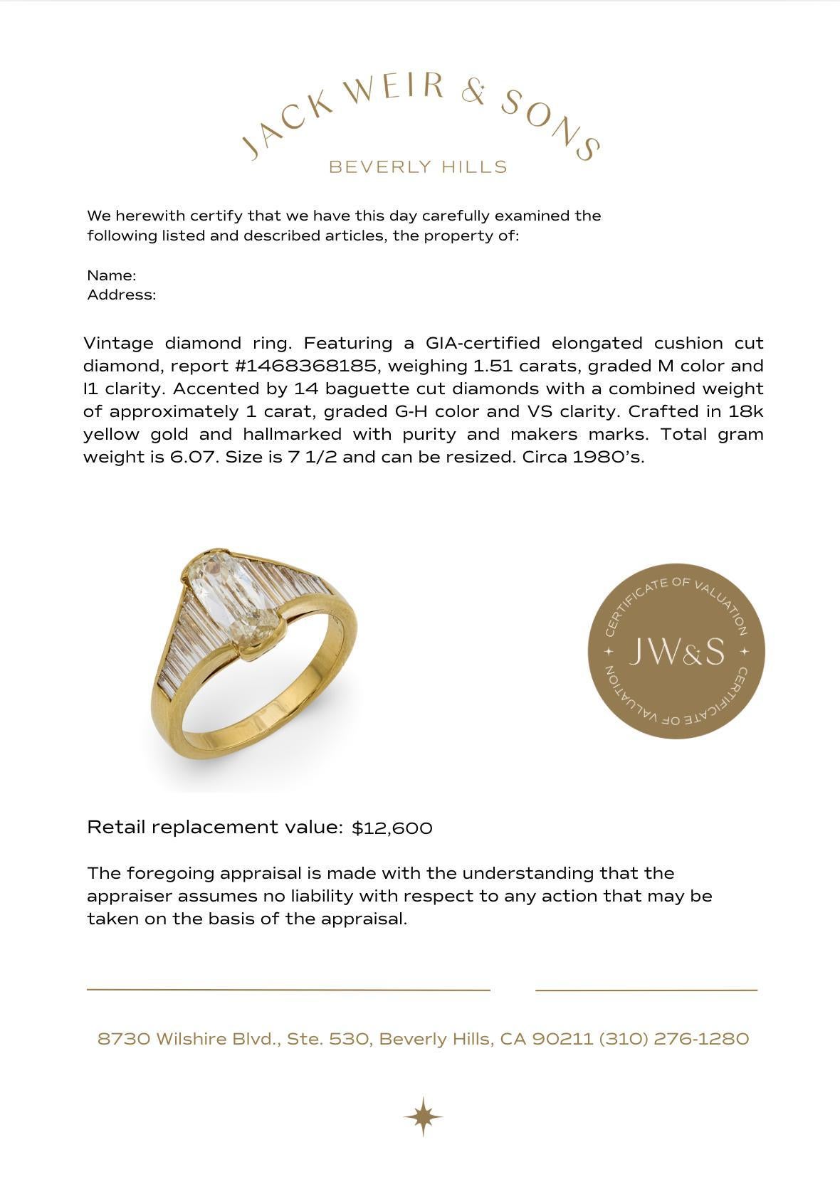 Women's GIA 1.51 carat elongated cushion diamond 18k yellow gold engagement ring For Sale