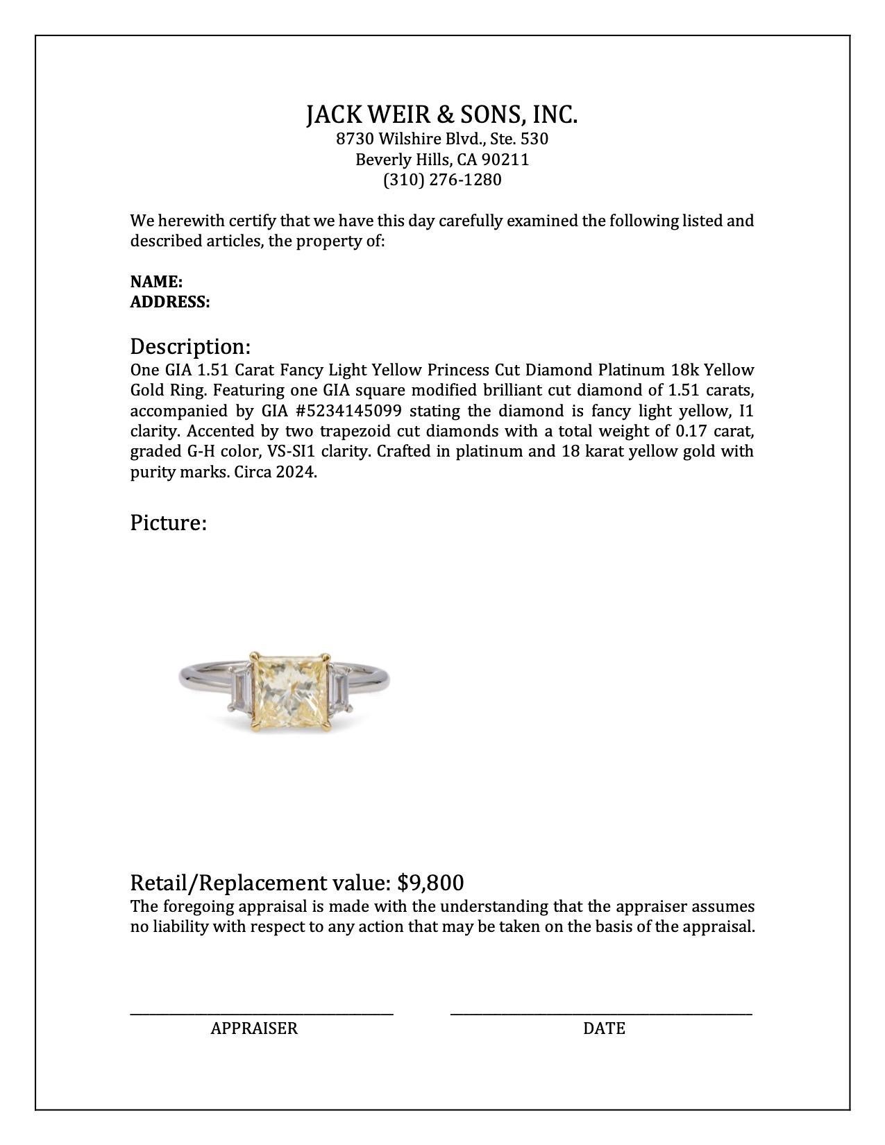 GIA 1.51 Carat Fancy Light Yellow Princess Cut Diamond Platinum 18k Yellow Gold  en vente 2