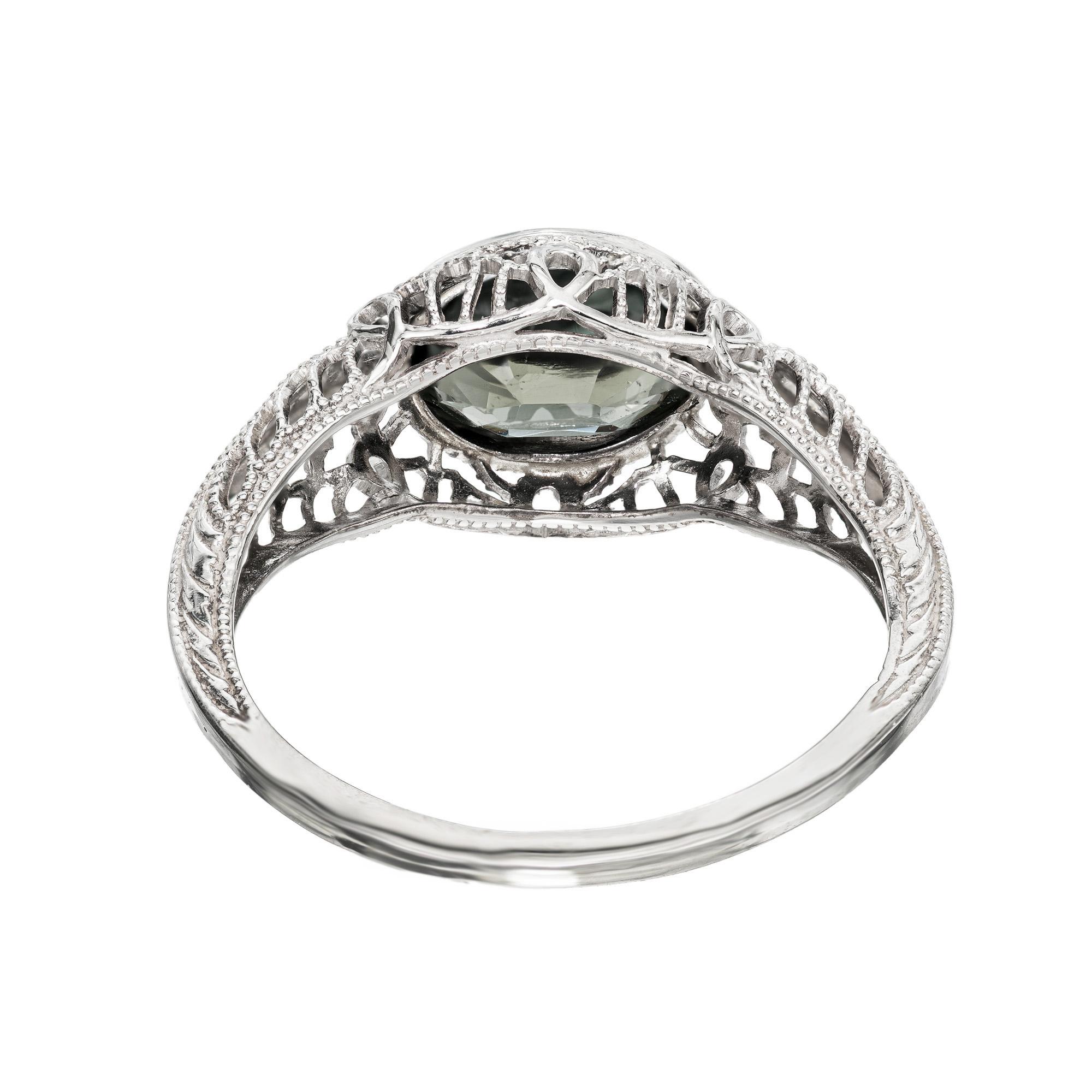 Women's GIA 1.51 Carat Green Oval Sapphire Art Deco Filigree Gold Engagement Ring For Sale