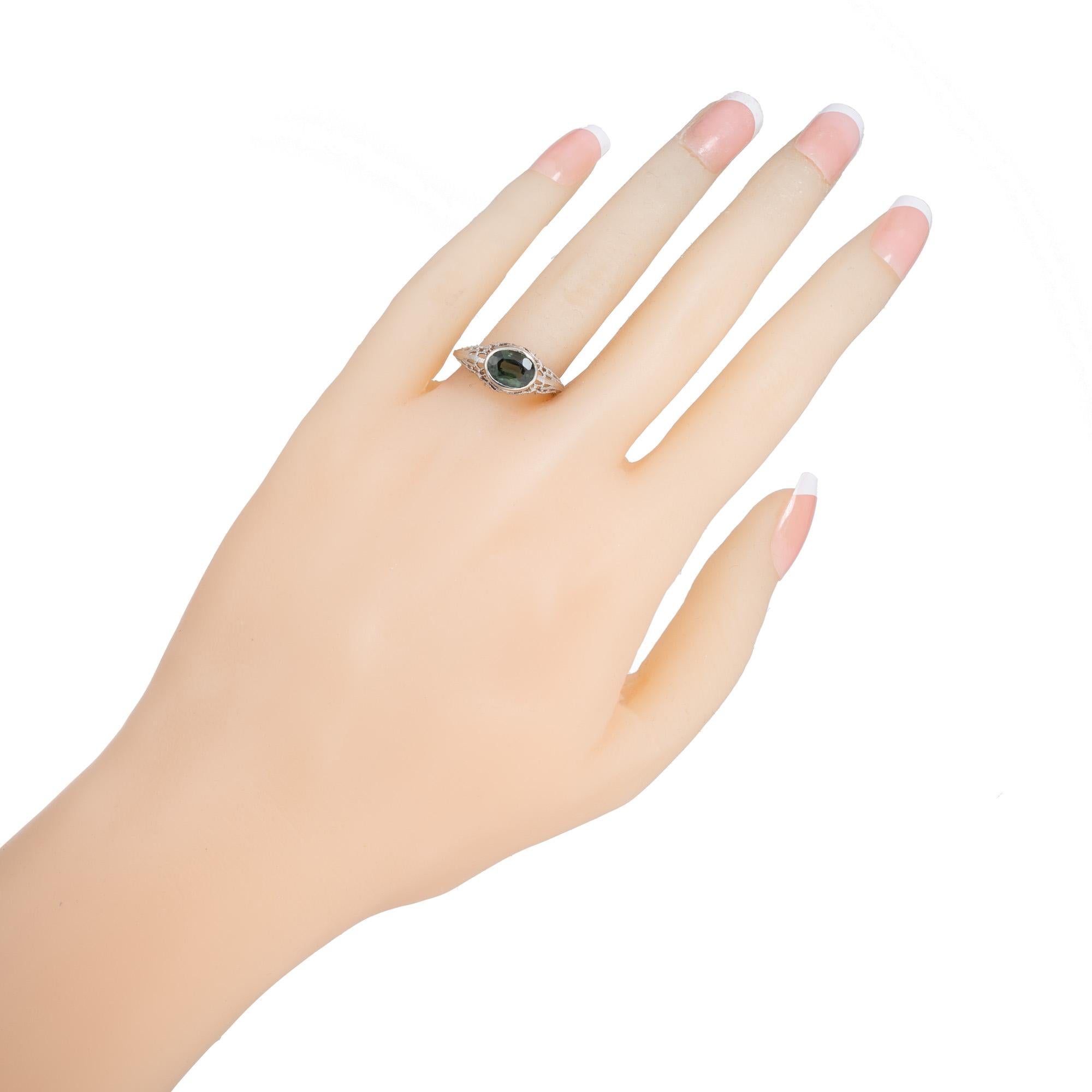 GIA 1.51 Carat Green Oval Sapphire Art Deco Filigree Gold Engagement Ring For Sale 2