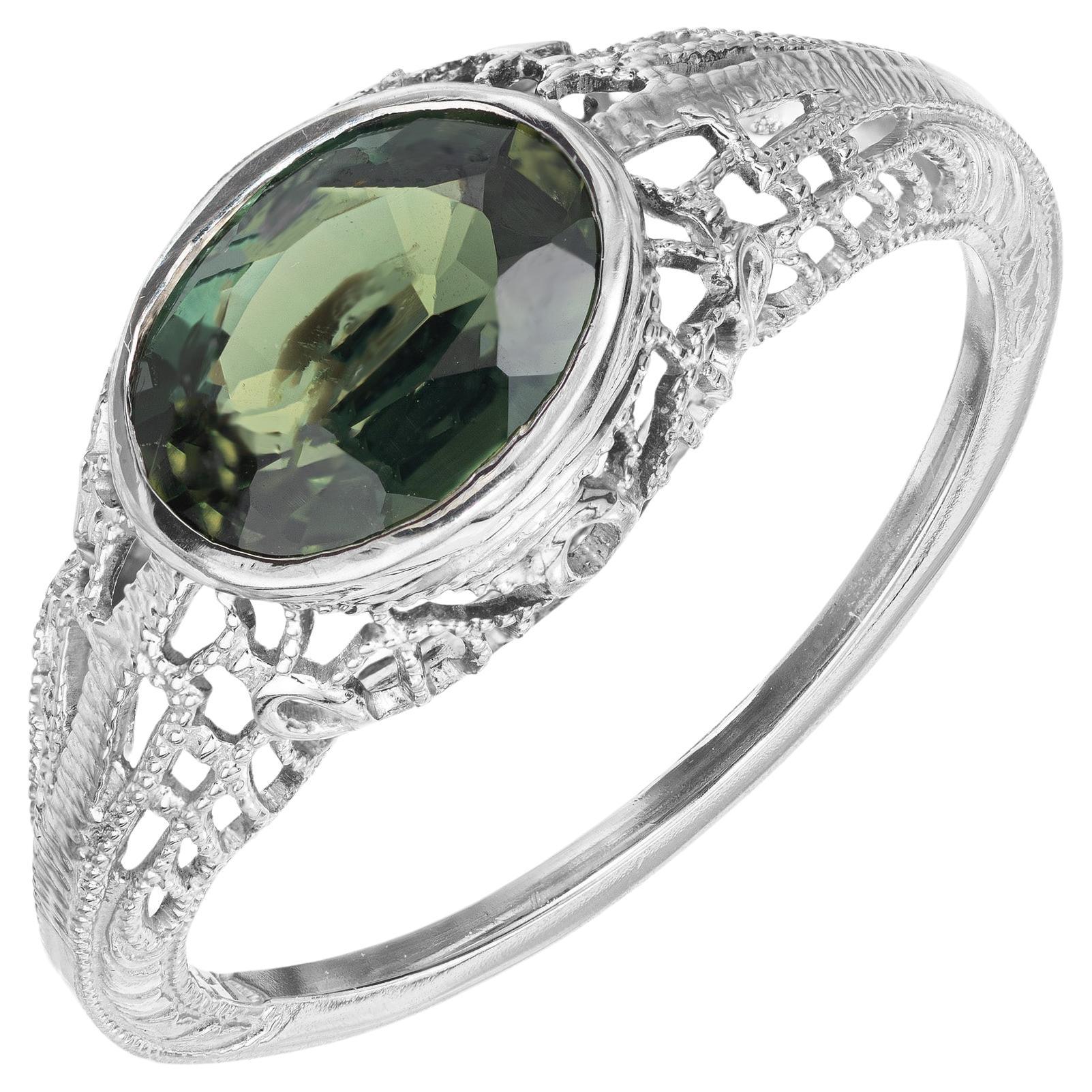 GIA 1.51 Carat Green Oval Sapphire Art Deco Filigree Gold Engagement Ring For Sale