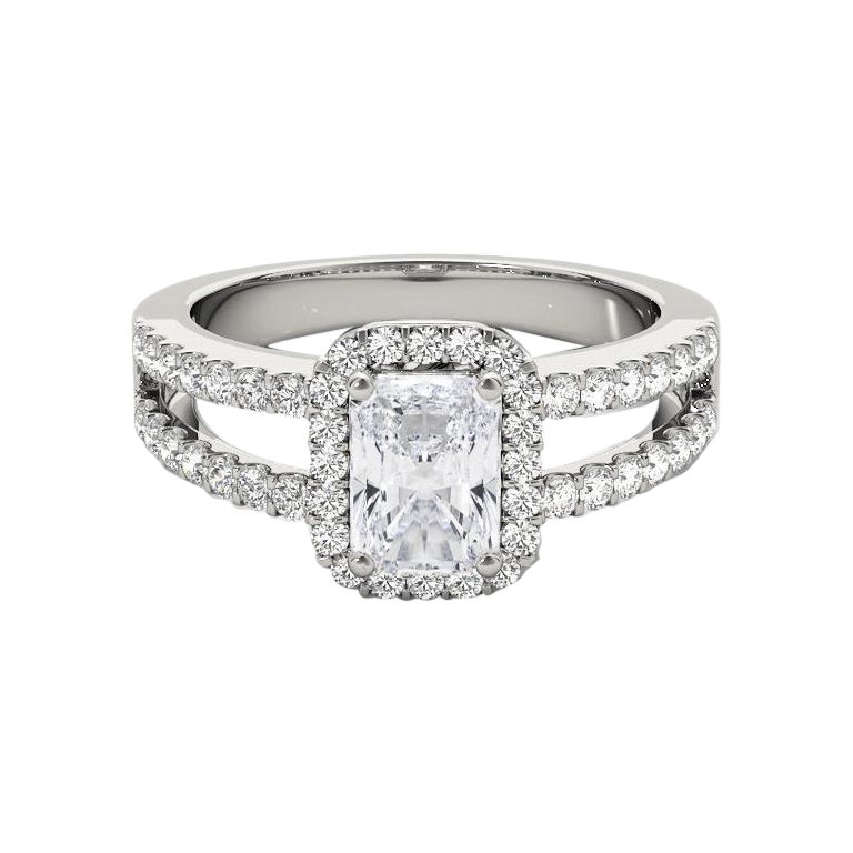 GIA 1,51 quilates Halo Radiante Filigrana Vástago partido Anillo de diamantes de oro blanco de 18 quilates