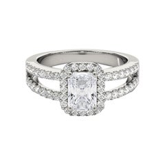 GIA 1,51 quilates Halo Radiante Filigrana Vástago partido Anillo de diamantes de oro blanco de 18 quilates