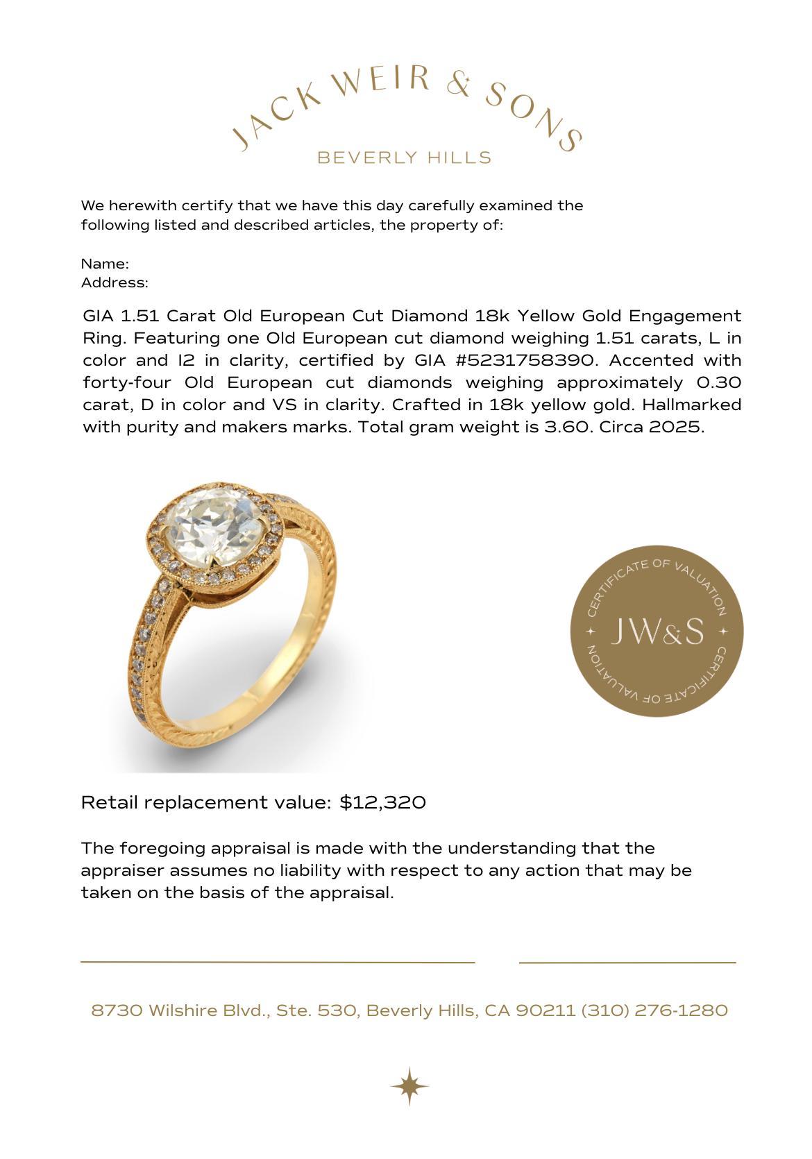 GIA 1,51 quilates diamante talla europea antigua Anillo de compromiso de oro amarillo de 18 quilates en venta 1