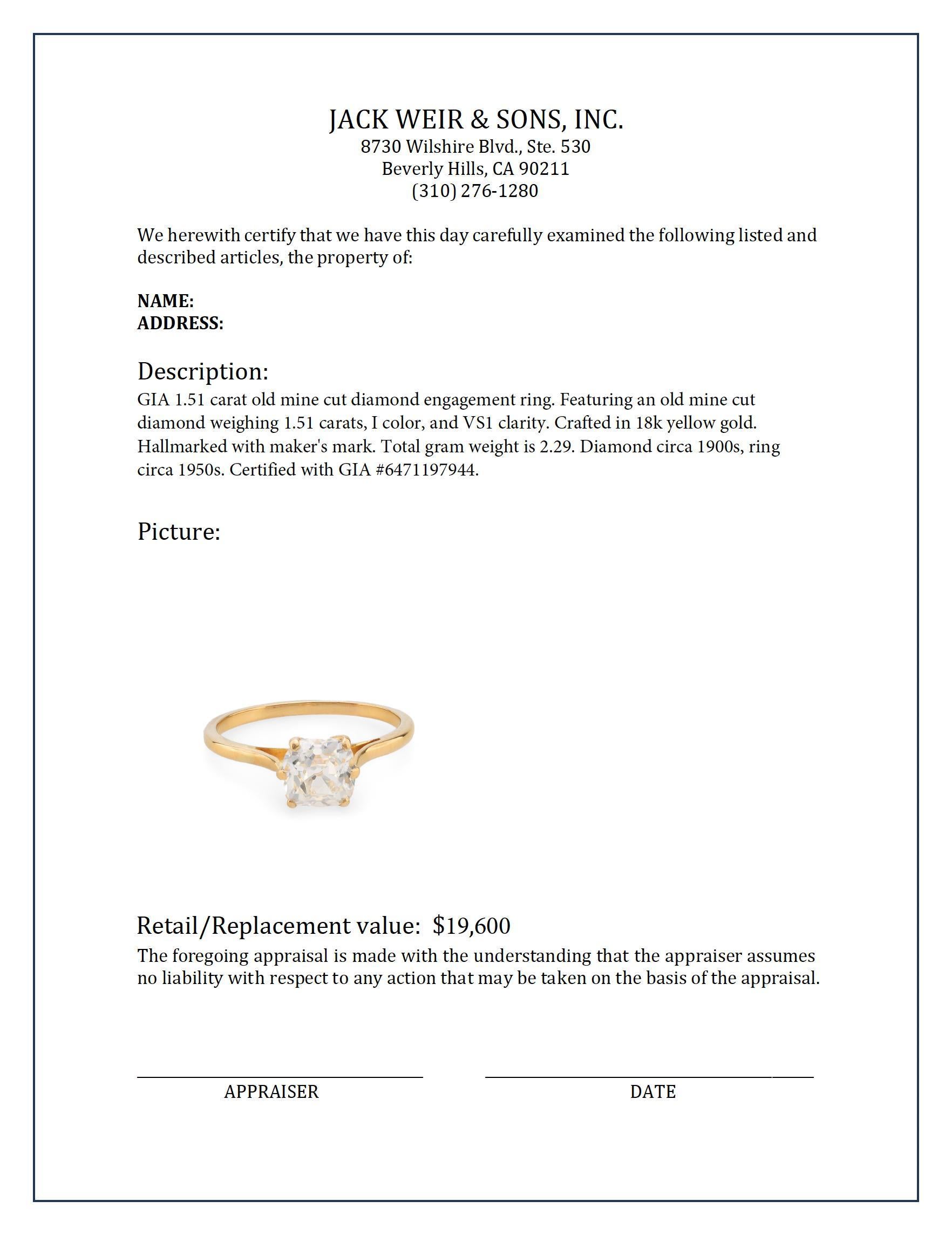 Verlobungsring aus 18 Karat Gelbgold mit GIA 1,51 Karat Diamant im alten Minenschliff für Damen oder Herren im Angebot