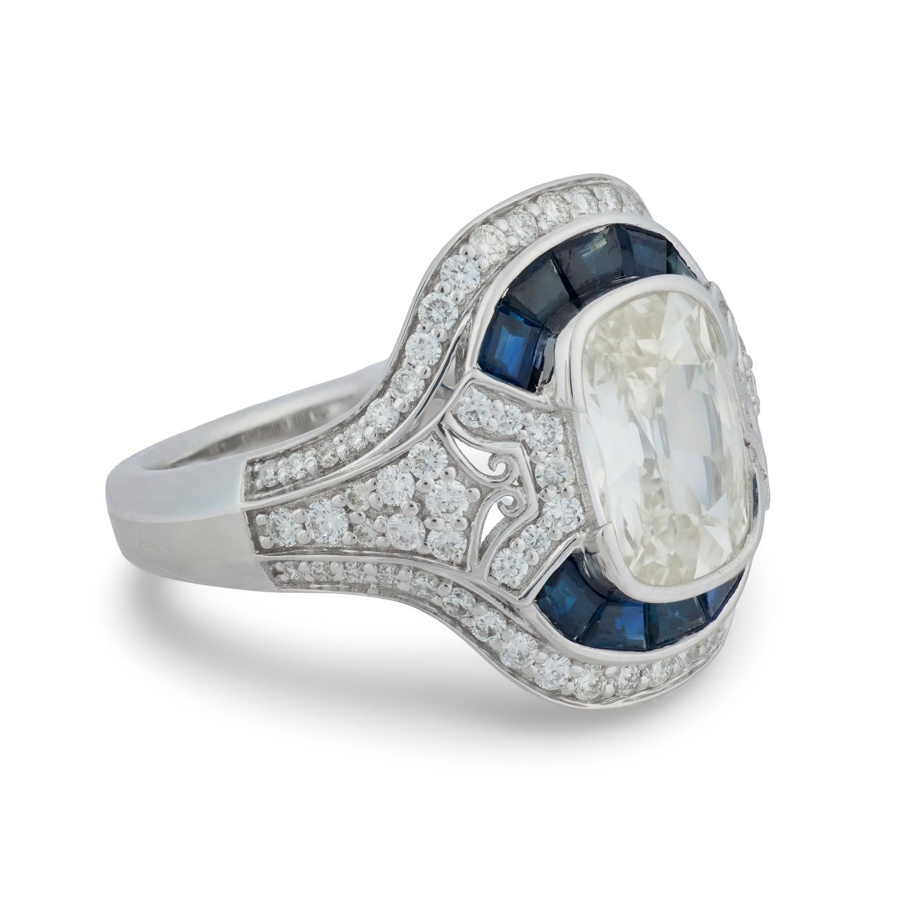 Bague en or blanc 18k GIA 1,51 carat diamant taille ancienne mine saphir Bon état - En vente à Beverly Hills, CA