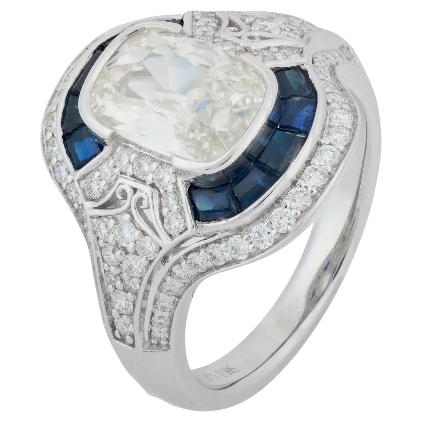 Bague en or blanc 18k GIA 1,51 carat diamant taille ancienne mine saphir en vente