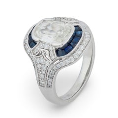 GIA Anillo de oro blanco de 18 quilates con zafiro y diamante talla mina antigua de 1,51 quilates