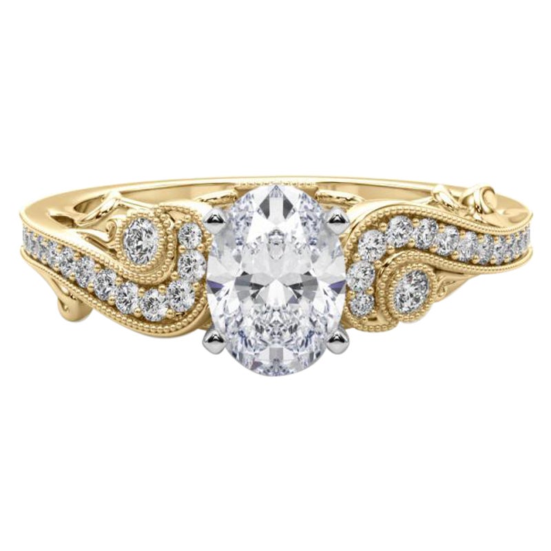 GIA Anello con diamante ovale a tre pietre curve bypassate in oro giallo 18 carati da 1,51 carati in vendita