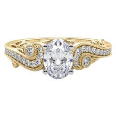 GIA 1.51 Carat Oval Three-Stone Curved Bypass 18K Yellow Gold Diamond Ring