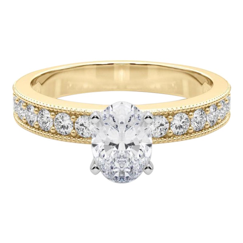 GIA 1.51 Carat Oval Vintage Milgrain Channel 18K Yellow Gold Diamond Ring