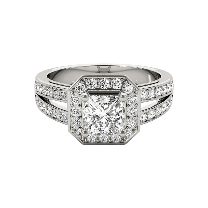 GIA 1,51 Carati Princess Cushion Halo Split Shank Anello con diamanti in oro bianco 18K