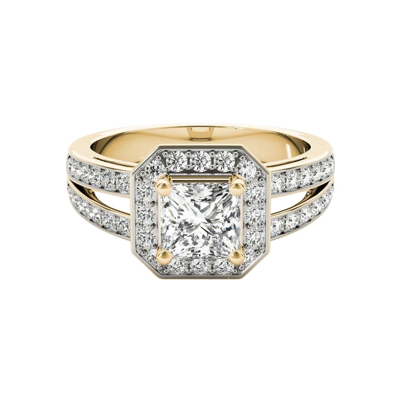 GIA 1.51 Carat Princess Cushion Halo Split Shank Bague diamant en or jaune 18K