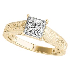 GIA 1.51 Carat Princess Vintage Engraved Trellis 18K Yellow Gold Diamond Ring