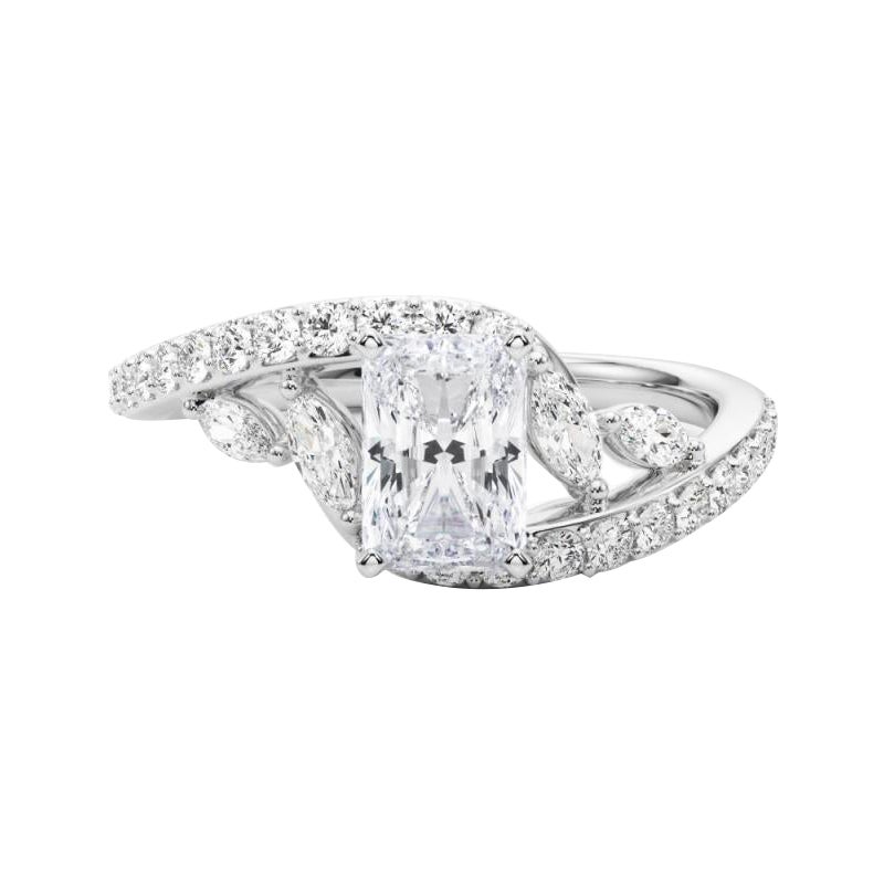 GIA 1,51 Karat Radiant geschwungener Bypass Blatt & Rebe 18K Weißgold Diamantring