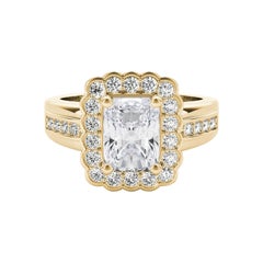 GIA 1.51 Carat Radiant Lace Flower Halo Vintage 18K Yellow Gold Diamond Ring