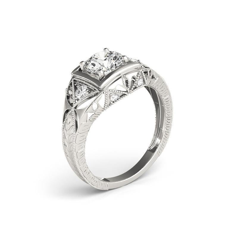 GIA 1,51 Karat Runder antiker durchbrochener gravierter Diamantring aus 18K Weißgold Damen im Angebot