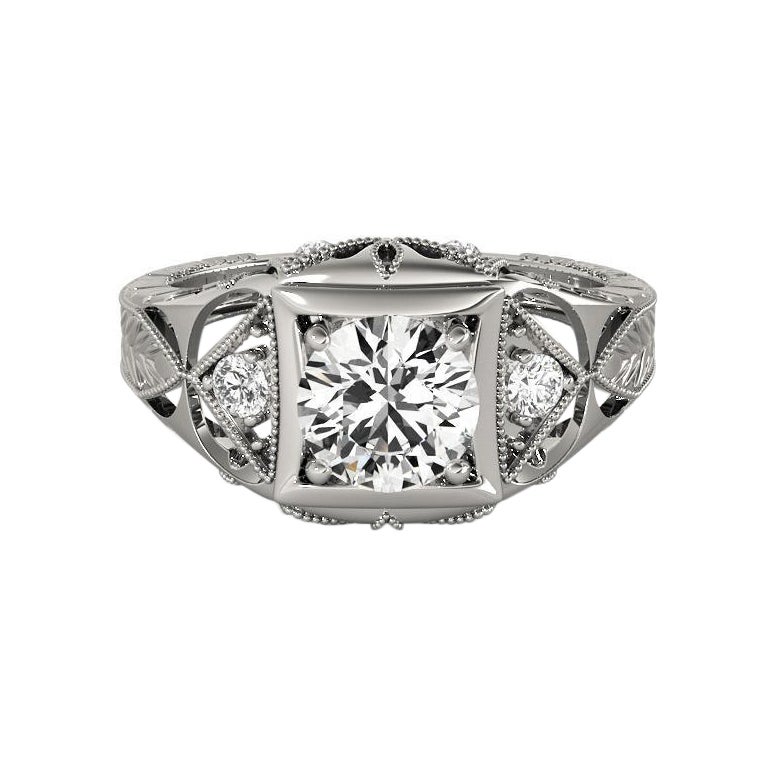 GIA 1.51 Carat Round Antique Openwork Engraved 18K White Gold Diamond Ring