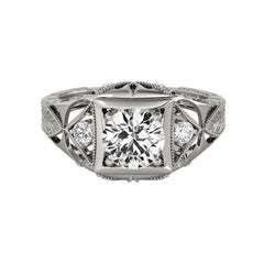 GIA 1.51 Carat Round Antique Openwork Engraved 18K White Gold Diamond Ring