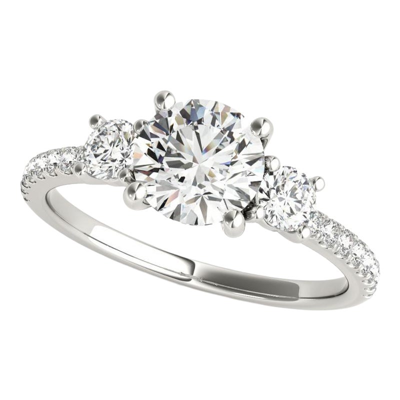 GIA 1.51 Carat Round Classic Three-Stone Pave  Diamond Ring