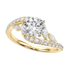 GIA 1,51 Carati Rotondo Curvo Bypass Foglia e Vite Anello con Diamante in Oro Giallo 18K