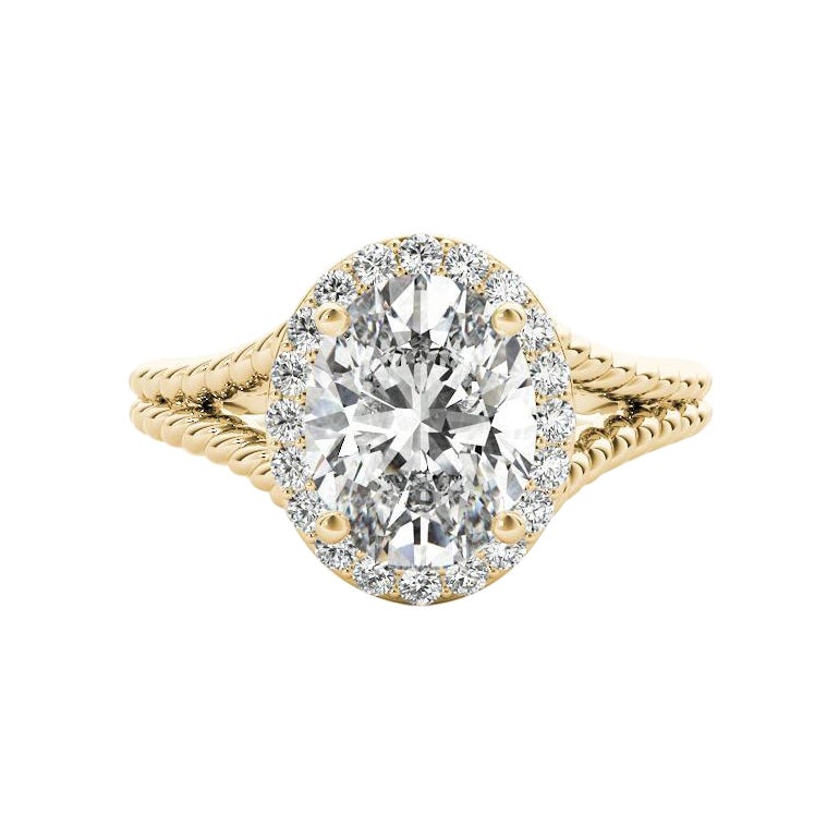GIA 1,51 Carati Corda ritorta Split Shank Anello con diamante ovale aureolato in oro giallo 18K