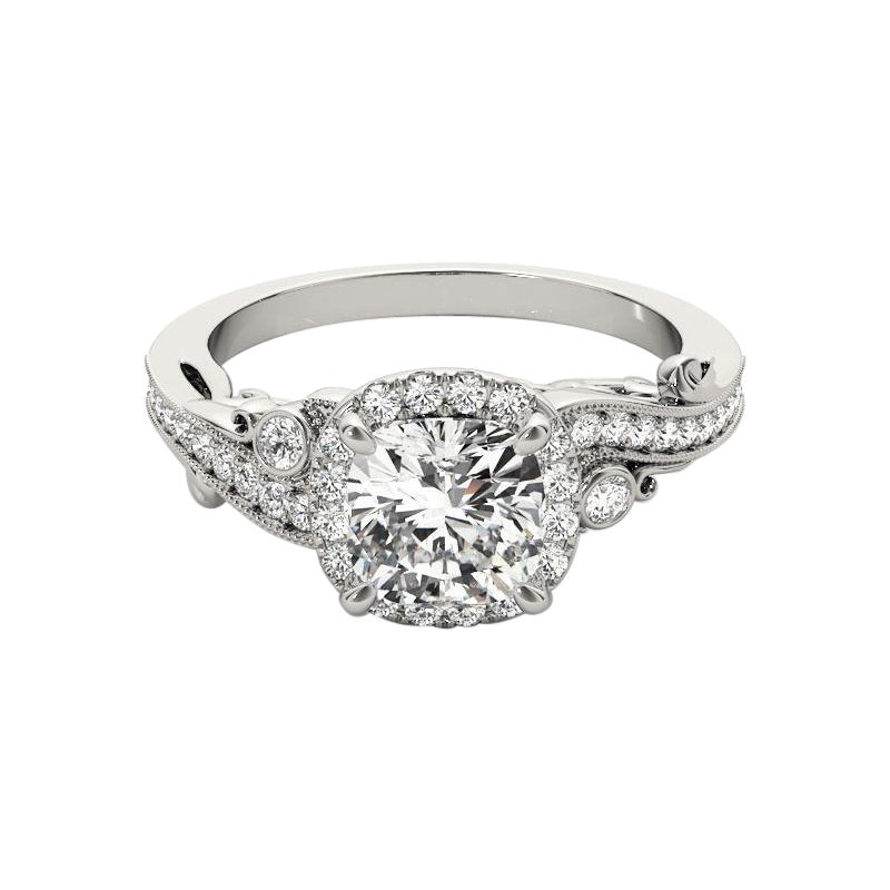 GIA 1.51ct Cushion Antique Halo Multi-Stone Curved White Gold Diamond Ring (bague à diamant en or blanc)