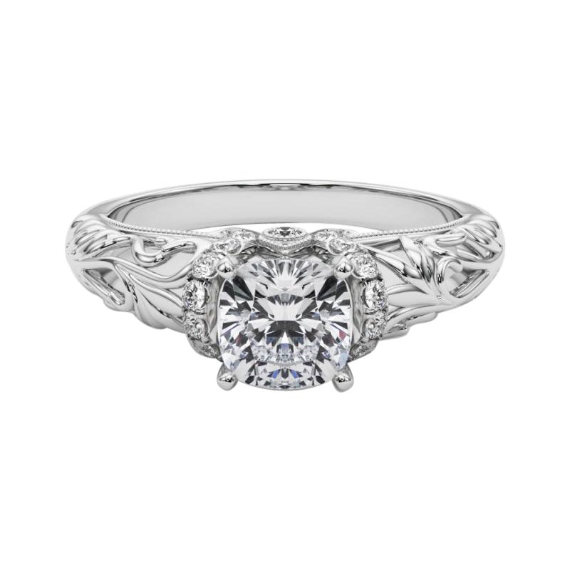 GIA 1,51ct Cuscino Chevron Halo Filigrana floreale in oro bianco 18 carati