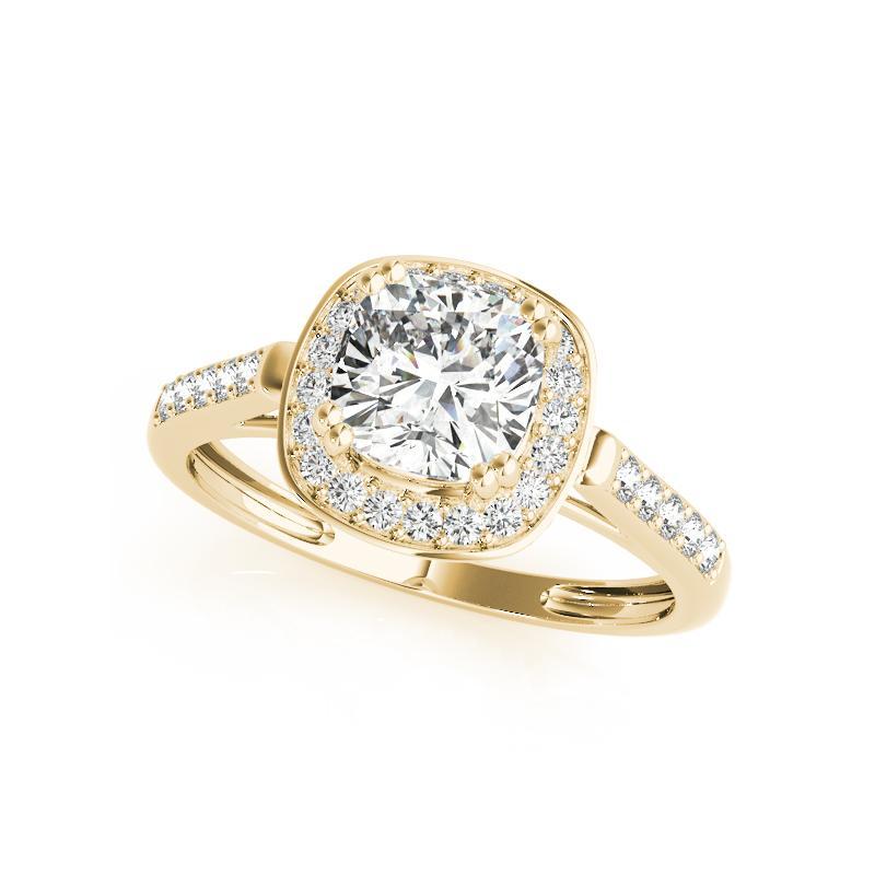 Taglio cuscino GIA 1,51ct Anello con diamante aureolato a cuscino e cesto rialzato in oro giallo della cattedrale in vendita