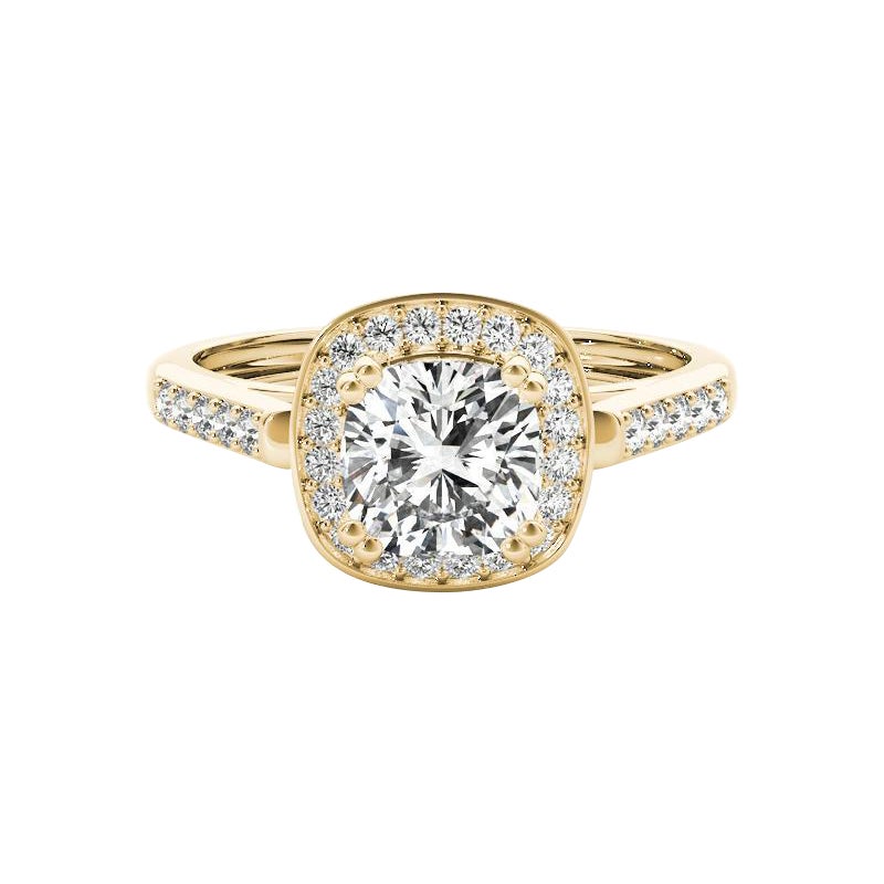 GIA 1,51ct Anello con diamante aureolato a cuscino e cesto rialzato in oro giallo della cattedrale