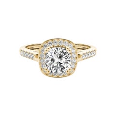 GIA 1,51ct Anello con diamante aureolato a cuscino e cesto rialzato in oro giallo della cattedrale