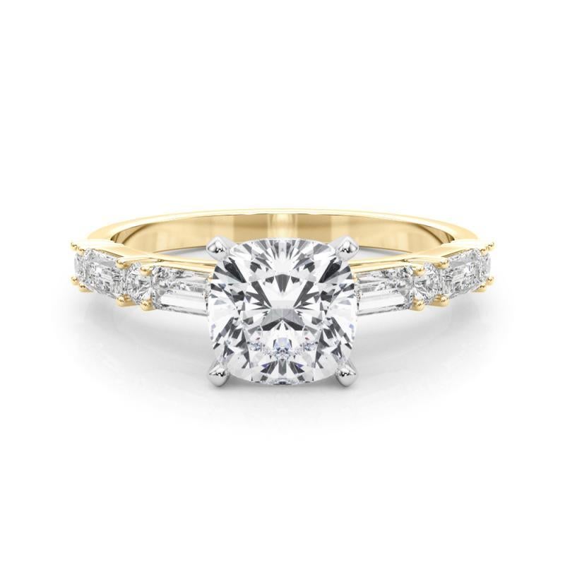GIA 1.51ct Cushion Round & Baguette Channel Band 18K Yellow Gold Diamond Ring