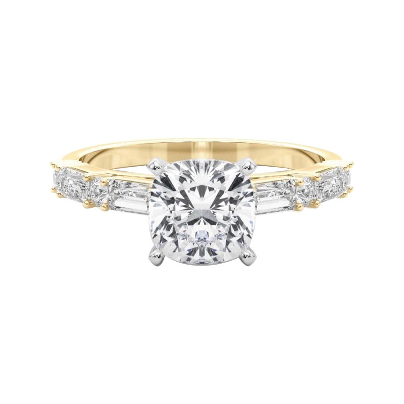 GIA 1,51ct Cuscino rotondo e Baguette Anello con diamante a canale in oro giallo 18K